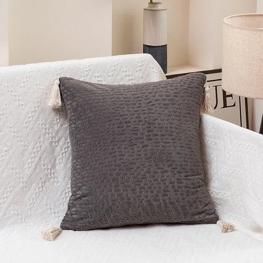 Gray Set of 2 Textured Velvet Throw Pillow Covers with Tassels - Decorative Square Cushions 45*45cm - Mekamart Australia