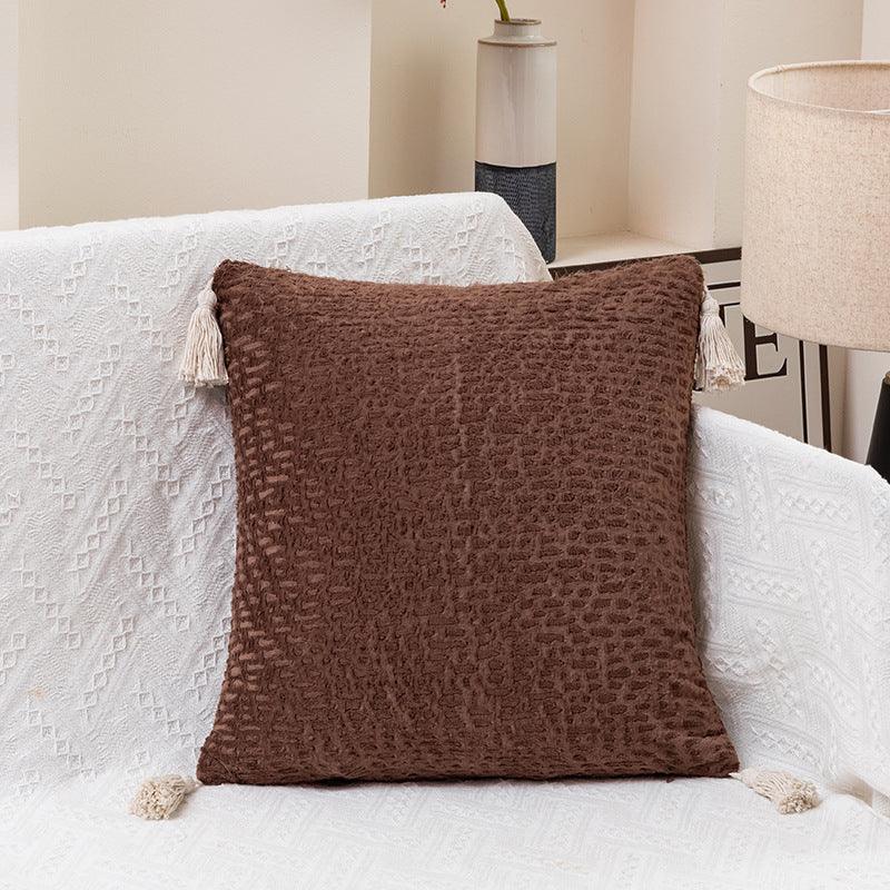 Brown Set of 2 Textured Velvet Throw Pillow Covers with Tassels - Decorative Square Cushions 45*45cm - Mekamart Australia