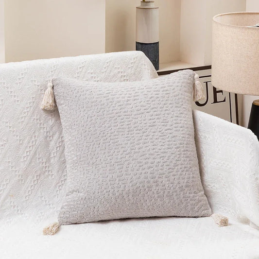 Classic White Set of 2 Textured Velvet Throw Pillow Covers with Tassels - Decorative Square Cushions 45*45cm - Mekamart Australia