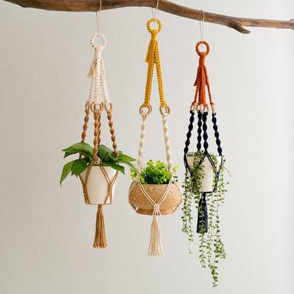 3 pcs Handwoven Plant Hanger-Cotton Rope Hanging Planter with Wooden Rings