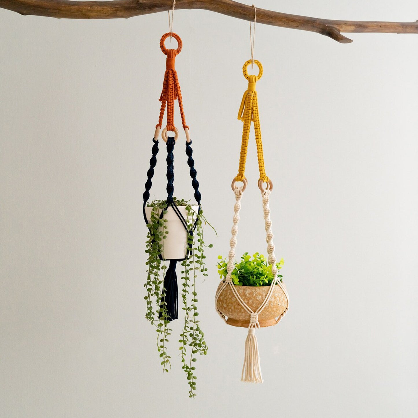 3 pcs Handwoven Plant Hanger-Cotton Rope Hanging Planter with Wooden Rings