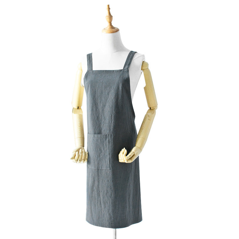 Grey Cotton Linen H-Back Apron - Solid Color Kitchen Cooking Apron with Pocket
