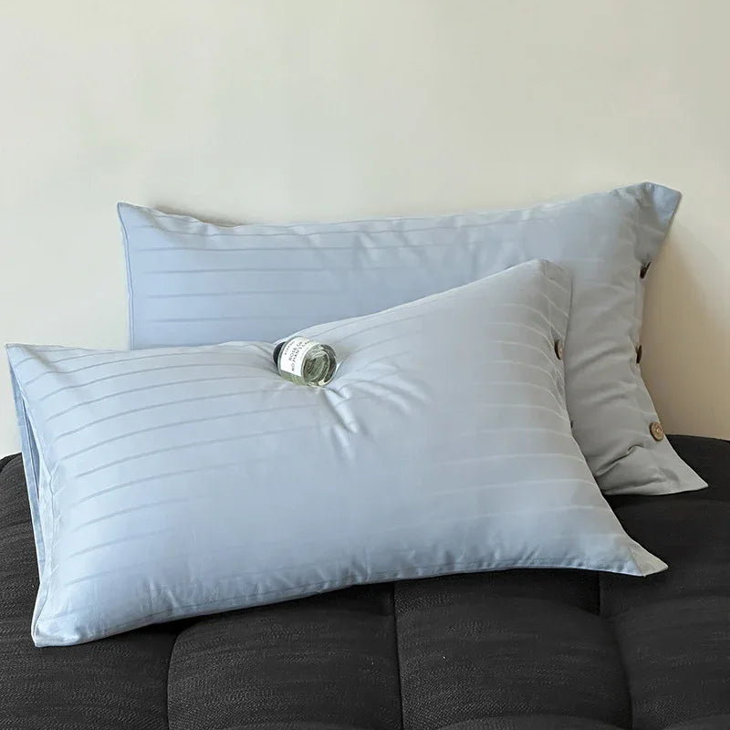 Blue Wide Stripes Long Staple Cotton Sateen Pillowcase Set - Jacquard Striped, Pure Cotton, 48x74cm (Pair) - Mekamart Australia