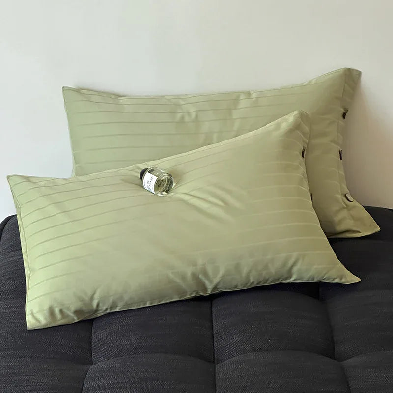 Dark Green Wide Stripes Long Staple Cotton Sateen Pillowcase Set - Jacquard Striped, Pure Cotton, 48x74cm (Pair) - Mekamart Australia