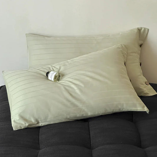 Light Green Wide Stripes Long Staple Cotton Sateen Pillowcase Set - Jacquard Striped, Pure Cotton, 48x74cm (Pair) - Mekamart Australia