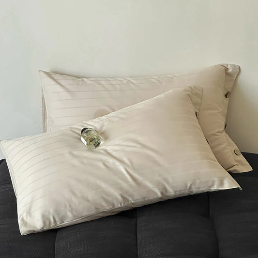 Off White Wide Stripes Long Staple Cotton Sateen Pillowcase Set - Jacquard Striped, Pure Cotton, 48x74cm (Pair) - Mekamart Australia