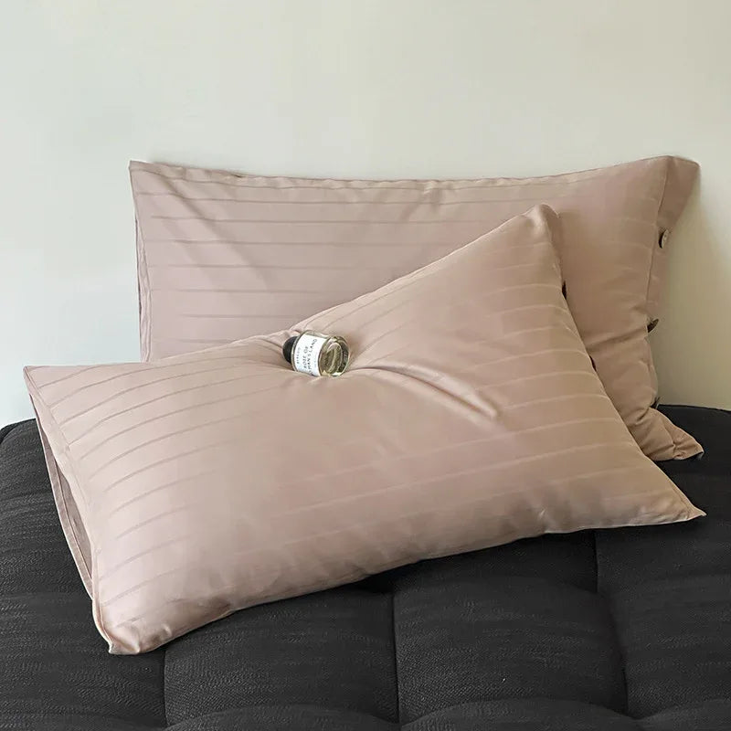 Light Brown Wide Stripes Long Staple Cotton Sateen Pillowcase Set - Jacquard Striped, Pure Cotton, 48x74cm (Pair) - Mekamart Australia