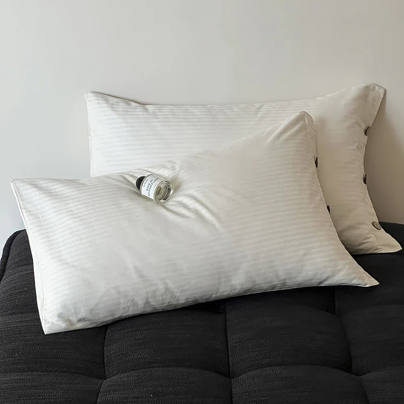 White Pinstripe Long Staple Cotton Sateen Pillowcase Set - Jacquard Striped, Pure Cotton, 48x74cm (Pair) - Mekamart Australia