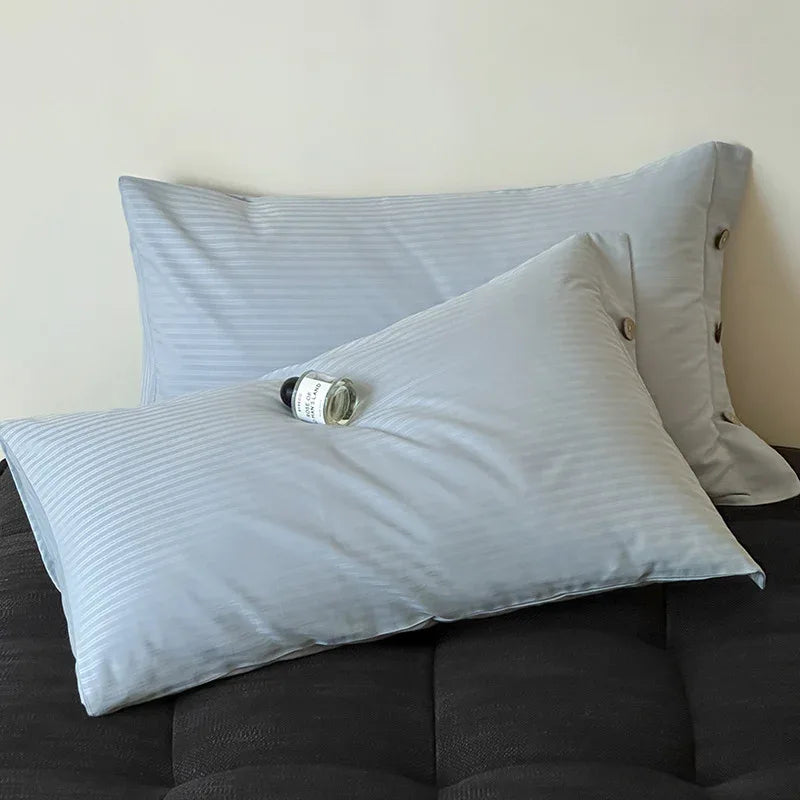 Blue Pinstripe Long Staple Cotton Sateen Pillowcase Set - Jacquard Striped, Pure Cotton, 48x74cm (Pair) - Mekamart Australia