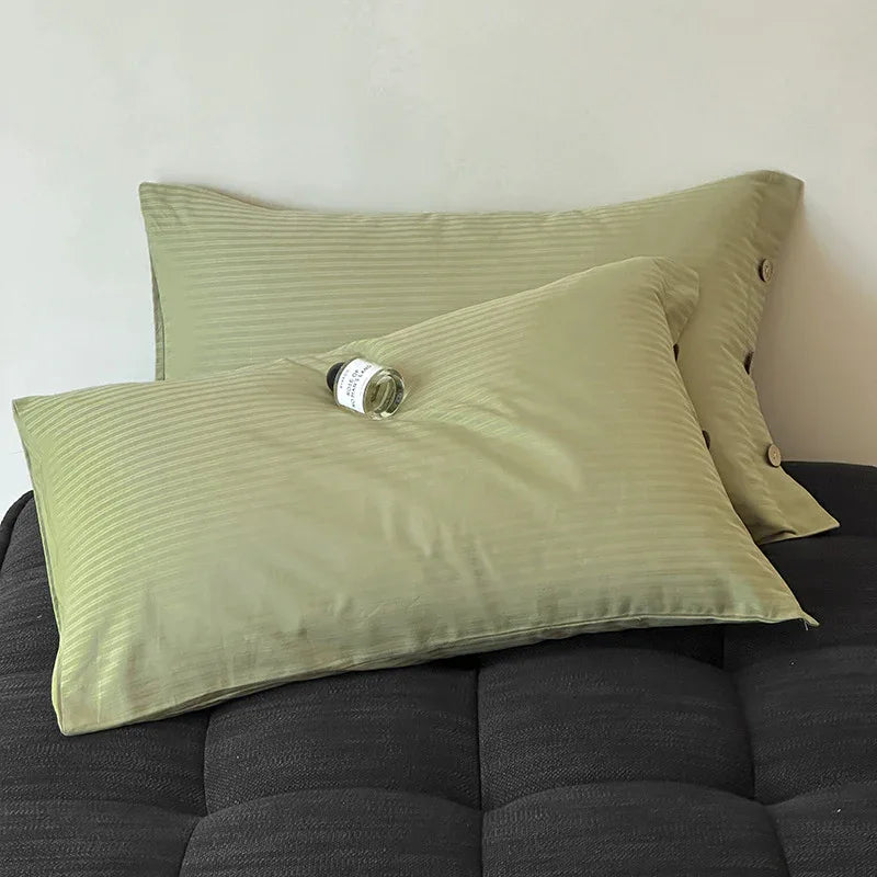 Dark Green Pinstripe Long Staple Cotton Sateen Pillowcase Set - Jacquard Striped, Pure Cotton, 48x74cm (Pair) - Mekamart Australia