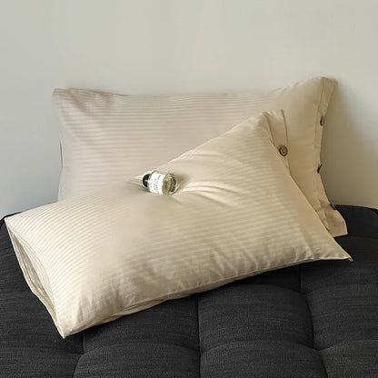 Off White Pinstripe Long Staple Cotton Sateen Pillowcase Set - Jacquard Striped, Pure Cotton, 48x74cm (Pair) - Mekamart Australia