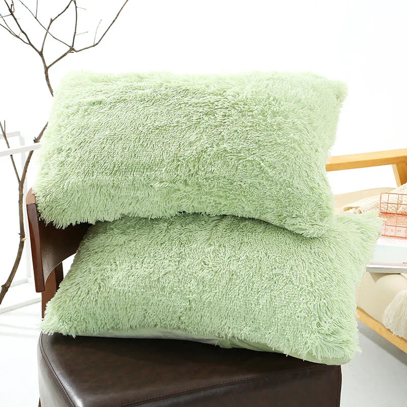 Green Faux Fur Pillowcase Set - Crystal Velvet Plush Throw Pillow Covers, Bedding Accent (50x70cm, Pair) - Mekamart Australia