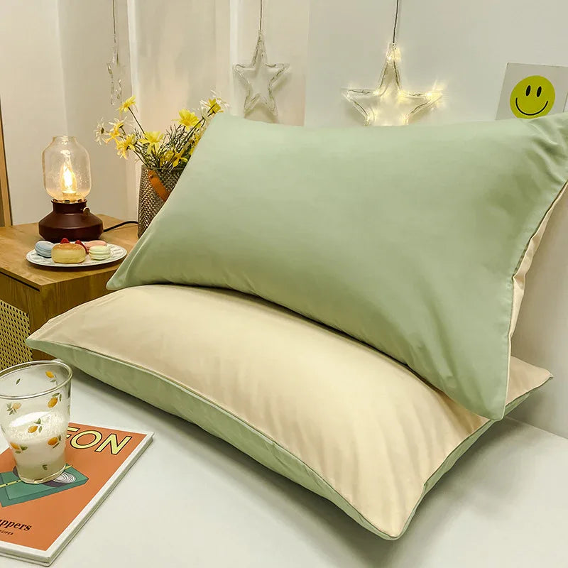 Green And Yellow Washed Cotton Pillowcase Set - Solid Color, Simple Two-Tone Design, 48x74cm (Pair) - Mekamart Australia