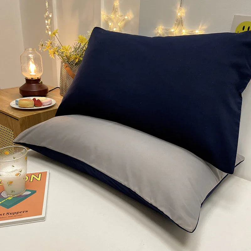 Navy And Grey Washed Cotton Pillowcase Set - Solid Color, Simple Two-Tone Design, 48x74cm (Pair) - Mekamart Australia