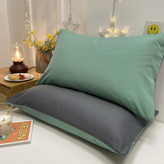 Green And Grey Washed Cotton Pillowcase Set - Solid Color, Simple Two-Tone Design, 48x74cm (Pair) - Mekamart Australia