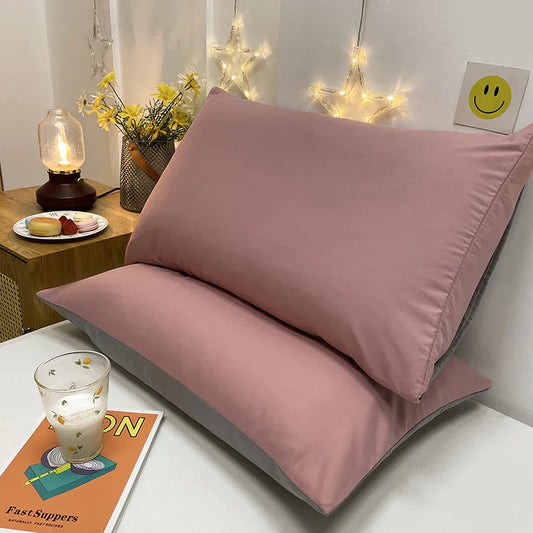 Pink And Grey Washed Cotton Pillowcase Set - Solid Color, Simple Two-Tone Design, 48x74cm (Pair) - Mekamart Australia