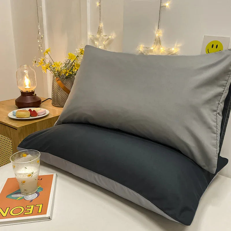 Dark Grey And Light Grey Washed Cotton Pillowcase Set - Solid Color, Simple Two-Tone Design, 48x74cm (Pair) - Mekamart Australia