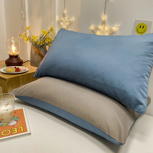 Light Blue And Grey Washed Cotton Pillowcase Set - Solid Color, Simple Two-Tone Design, 48x74cm (Pair) - Mekamart Australia