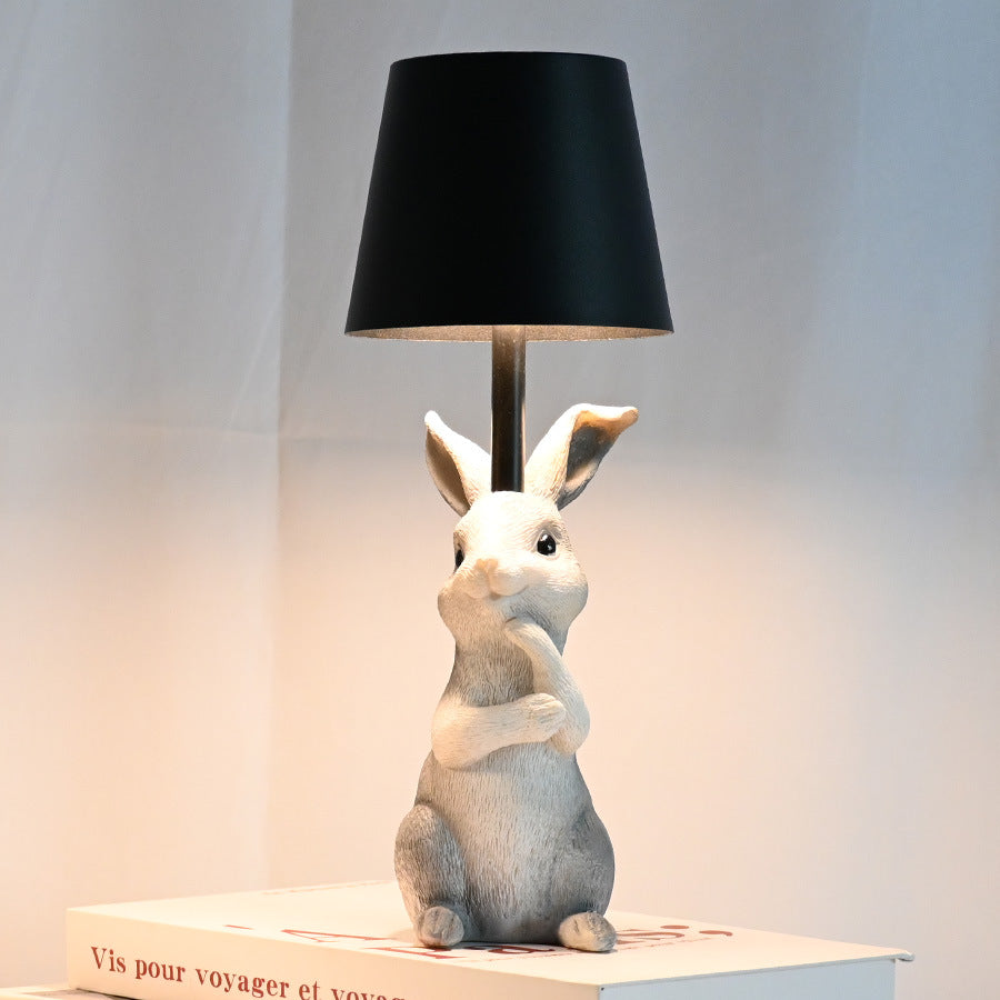 Grey Bunny Black Lampshade Adorable Rabbit Resin Table Lamp - 3-Color LED, USB Rechargeable, Touch Dimming
