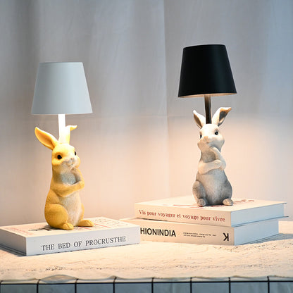 Pink Bunny White Lampshade Adorable Rabbit Resin Table Lamp - 3-Color LED, USB Rechargeable, Touch Dimming