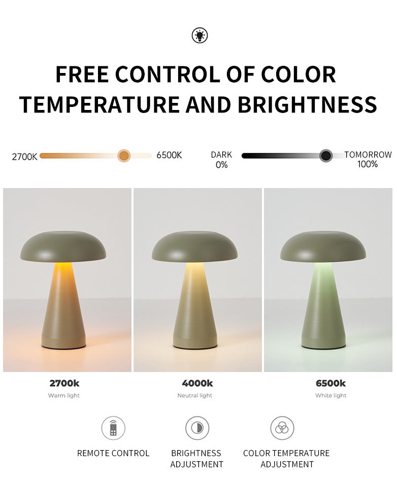 Silver Metal Mushroom Table Lamp - Rechargeable Touch Control Ambient Light with Remote