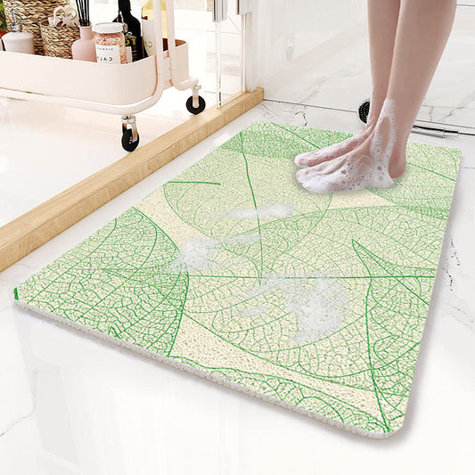 Green Leaves Pattern  PVC Non-Slip Bath Mat 45x75cm - Shower Drain Hole Design, Soft & Quick-Dry Bathroom Rug