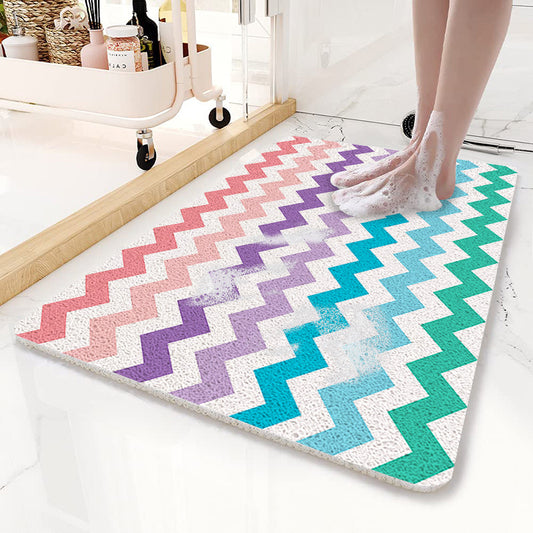 Colorful Wavy Lines Pattern  PVC Non-Slip Bath Mat 45x75cm - Shower Drain Hole Design, Soft & Quick-Dry Bathroom Rug