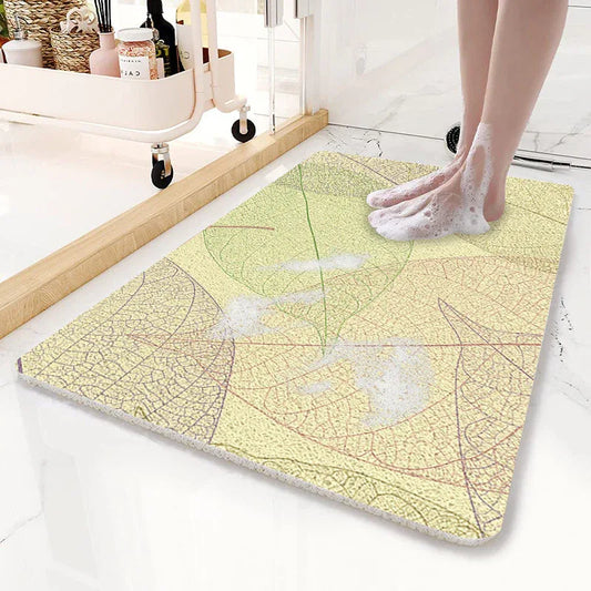 Yellow Leaves Pattern  PVC Non-Slip Bath Mat 50x80cm - Shower Drain Hole Design, Soft & Quick-Dry Bathroom Rug