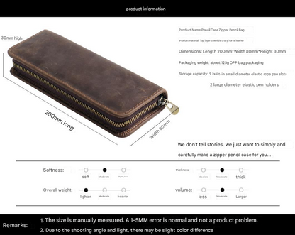 Black Genuine Leather Pencil Case - Vintage Zip-Up Pen Holder with Elastic Loops