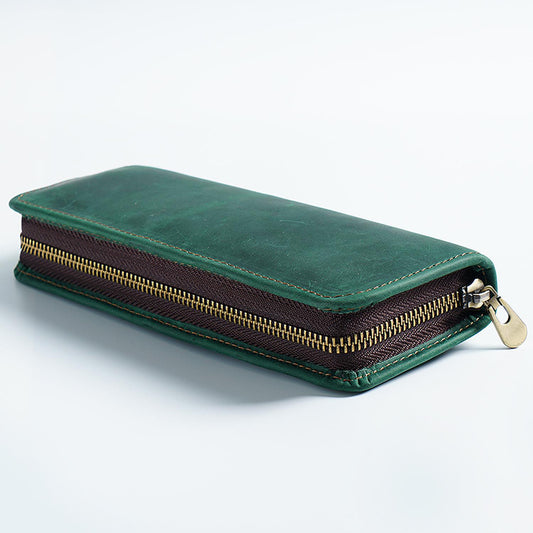 Dark Green Genuine Leather Pencil Case - Vintage Zip-Up Pen Holder with Elastic Loops