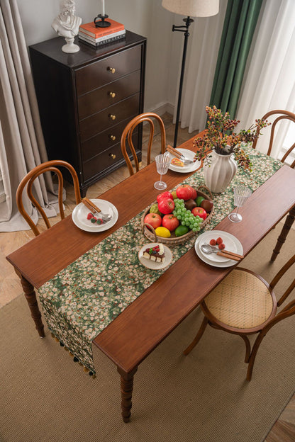 Floral Table Runner with Tassels - Jacquard Green Farmhouse Style (33x300cm)