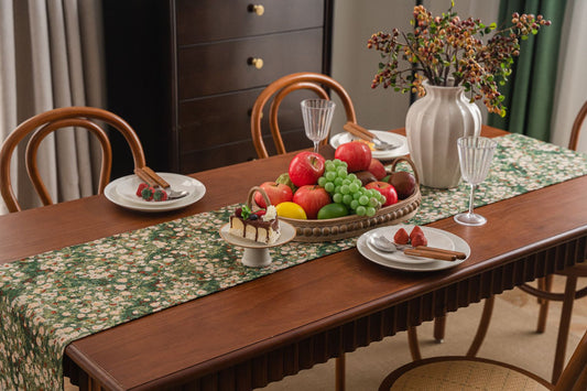 Floral Table Runner with Tassels - Jacquard Green Farmhouse Style (33x350cm)