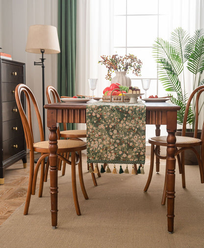 Floral Table Runner with Tassels - Jacquard Green Farmhouse Style (33x350cm)
