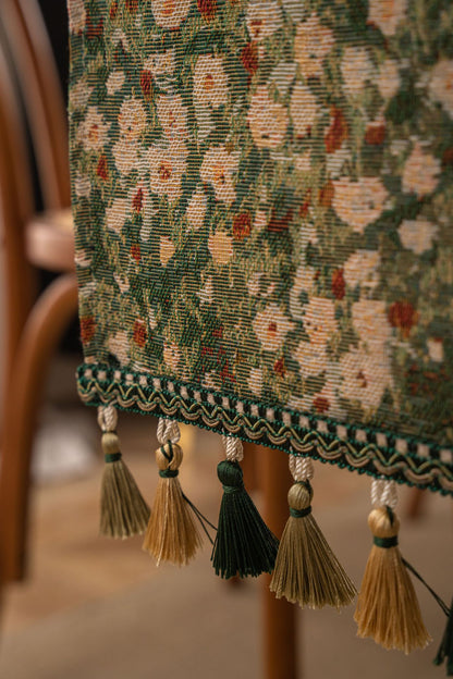 Floral Table Runner with Tassels - Jacquard Green Farmhouse Style (33x400cm)