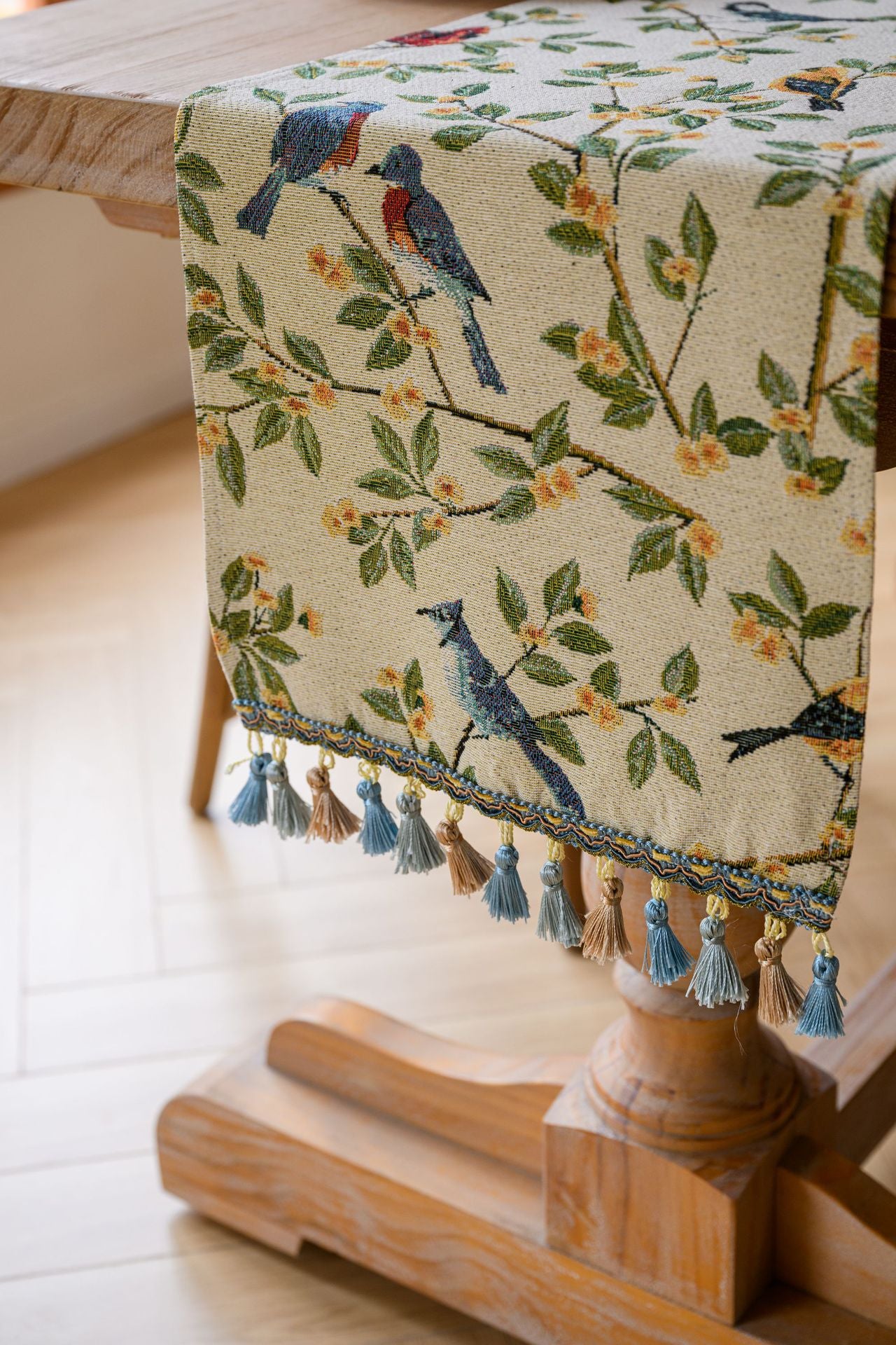 2 PCS Birds & Branch Table Runner - Jacquard Woven Beige with Tassels (33X120CM)