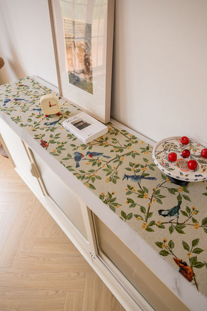 Birds & Branch Table Runner - Jacquard Woven Beige with Tassels(33X180CM)