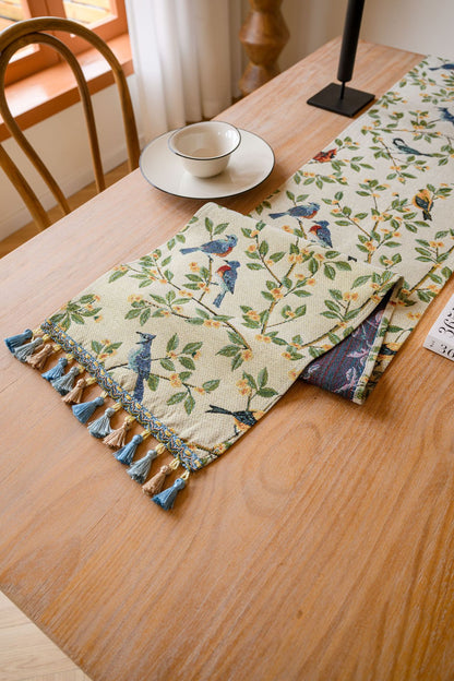 Birds & Branch Table Runner - Jacquard Woven Beige with Tassels(33X200CM)