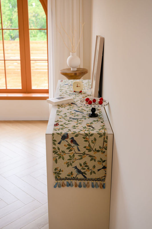 Birds & Branch Table Runner - Jacquard Woven Beige with Tassels(33X240CM)
