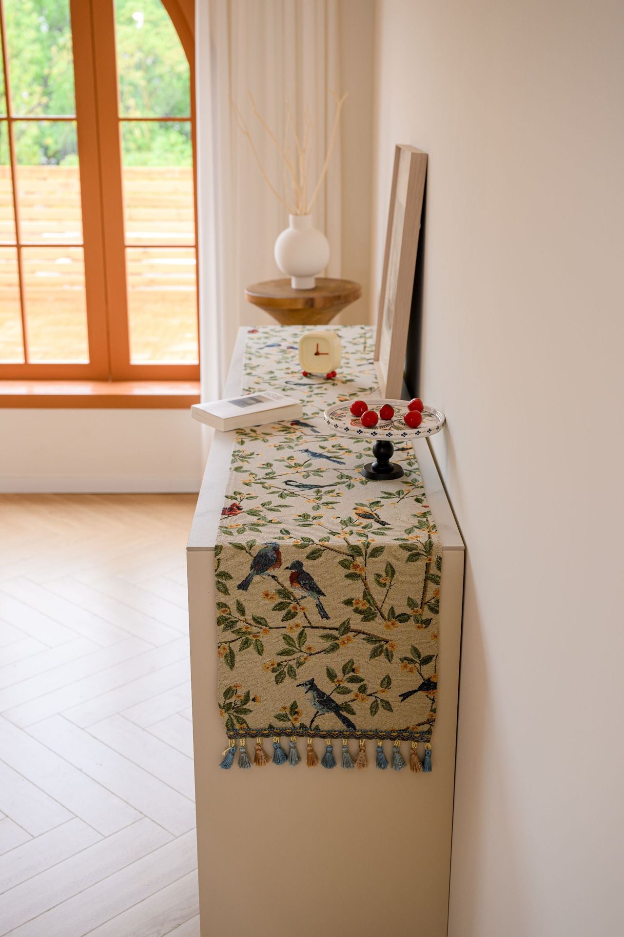 Birds & Branch Table Runner - Jacquard Woven Beige with Tassels(33X350CM)