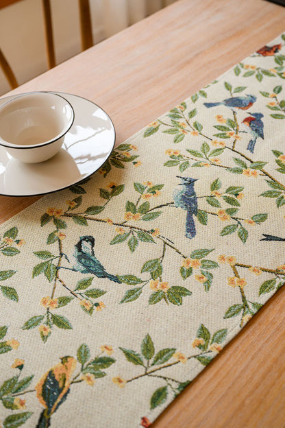 Birds & Branch Table Runner - Jacquard Woven Beige with Tassels(33X400CM)