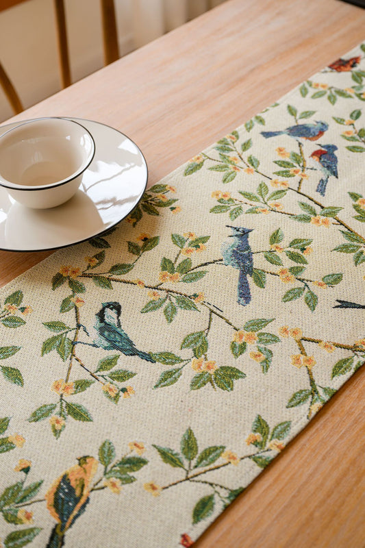 Birds & Branch Table Runner - Jacquard Woven Beige with Tassels(33X400CM)