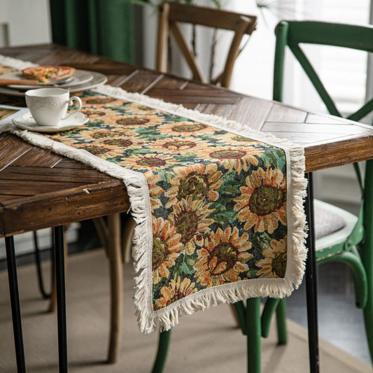 Sunflower Table Runner with Fringe - Jacquard Woven Cotton Blend (30x160cm)