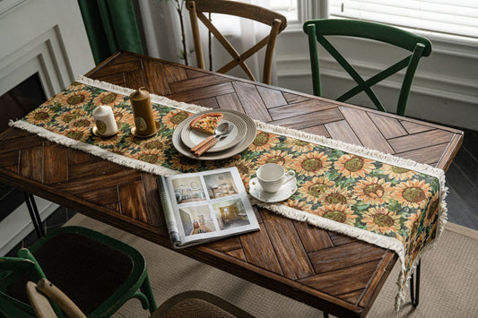 Sunflower Table Runner with Fringe - Jacquard Woven Cotton Blend (30x275cm)