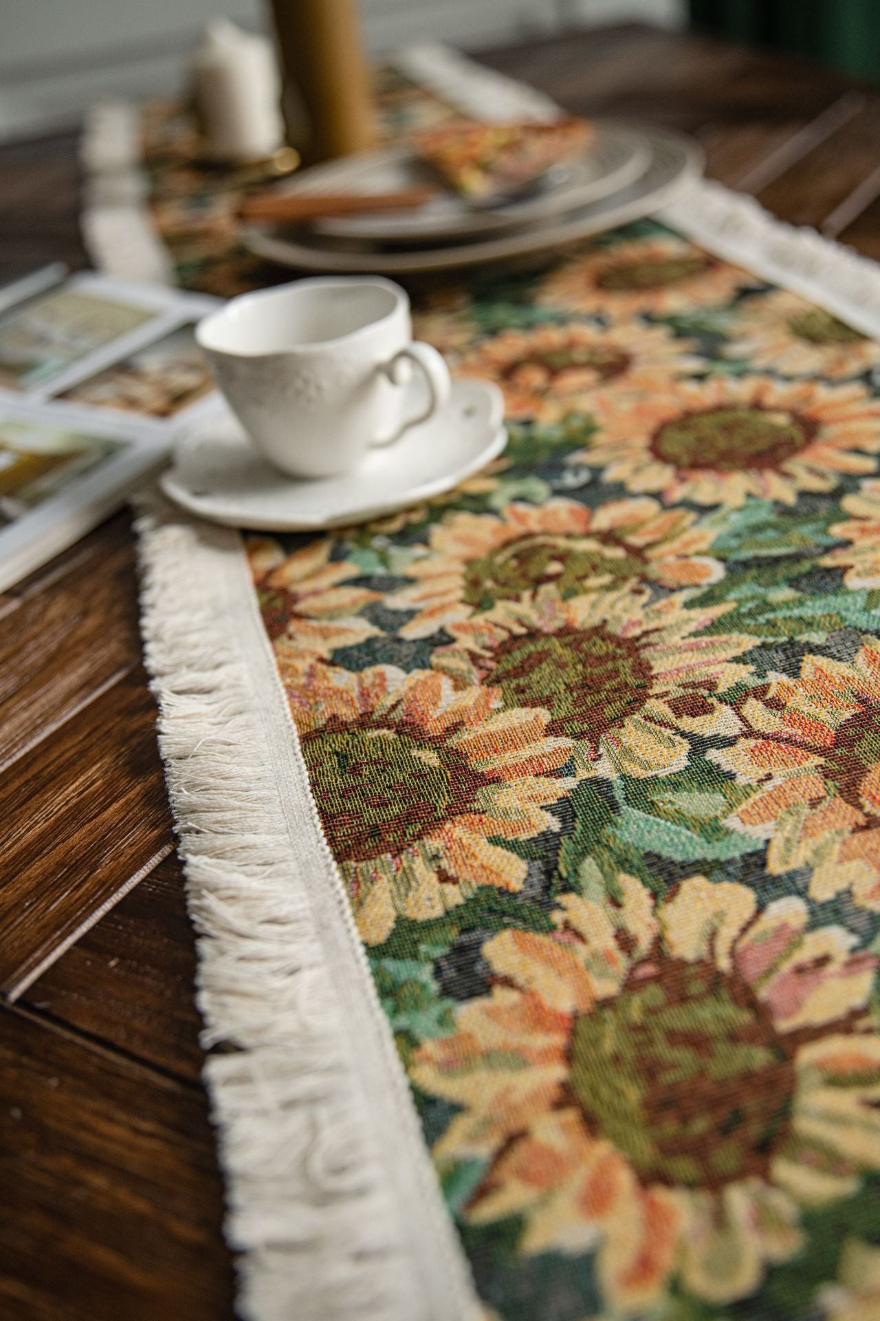 Sunflower Table Runner with Fringe - Jacquard Woven Cotton Blend (30x275cm)