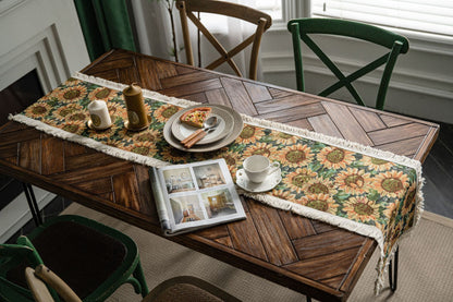 Sunflower Table Runner with Fringe - Jacquard Woven Cotton Blend (30x300cm)