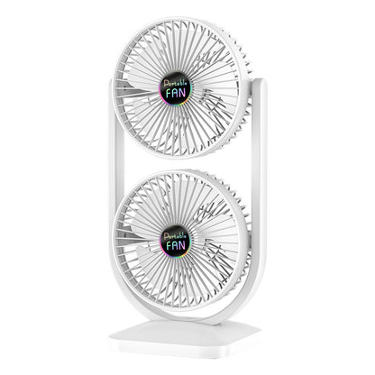 White Dual Head USB Rechargeable Desk Fan - Portable Double Air Circulator