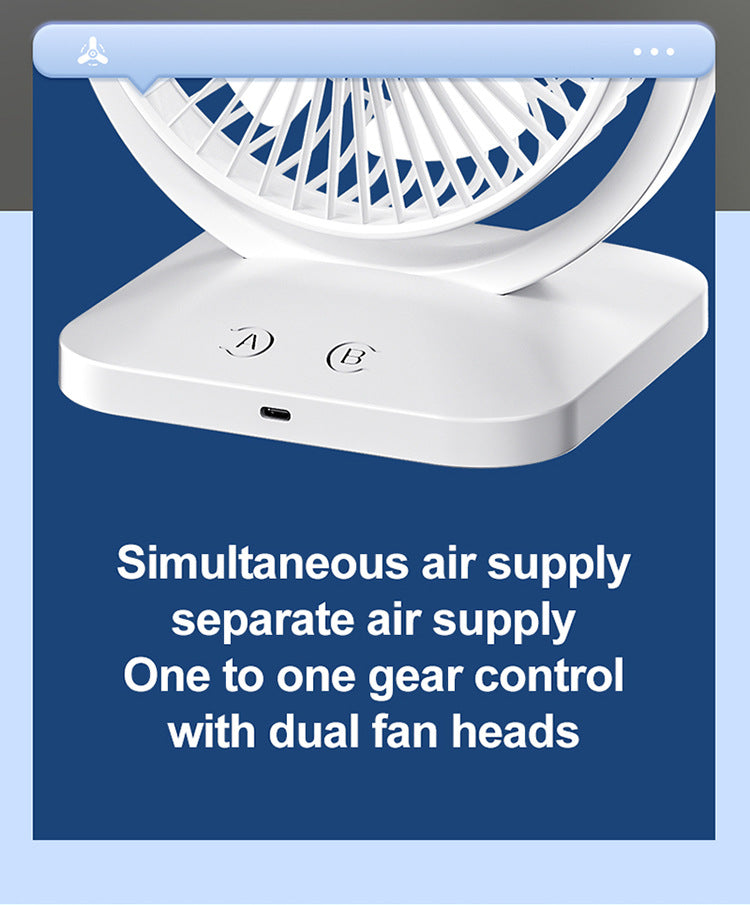 White Dual Head USB Rechargeable Desk Fan - Portable Double Air Circulator