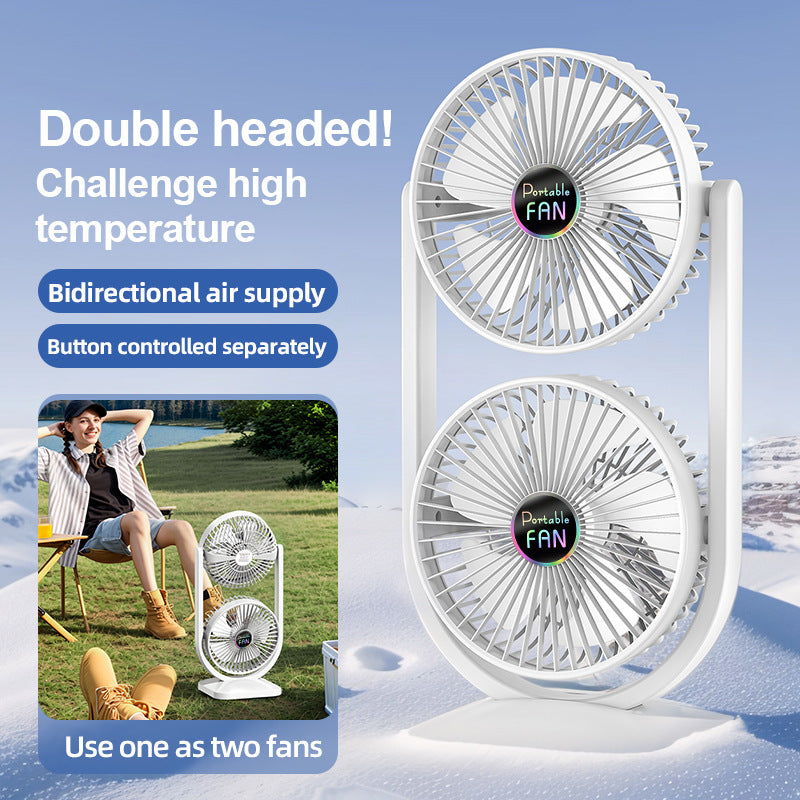 Purple Dual Head USB Rechargeable Desk Fan - Portable Double Air Circulator