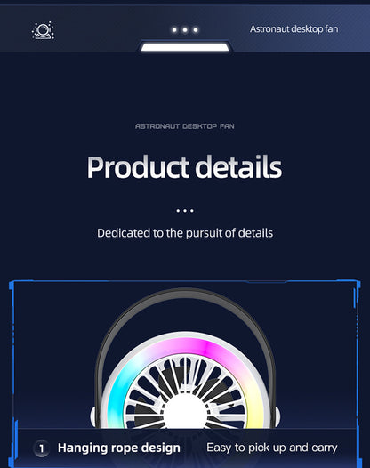 White Astronaut Portable Fan - USB Rechargeable Desk Fan with RGB Night Light