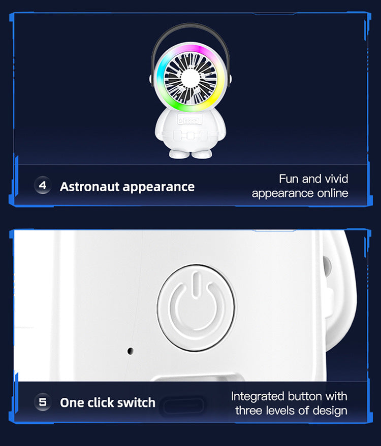 White Astronaut Portable Fan - USB Rechargeable Desk Fan with RGB Night Light